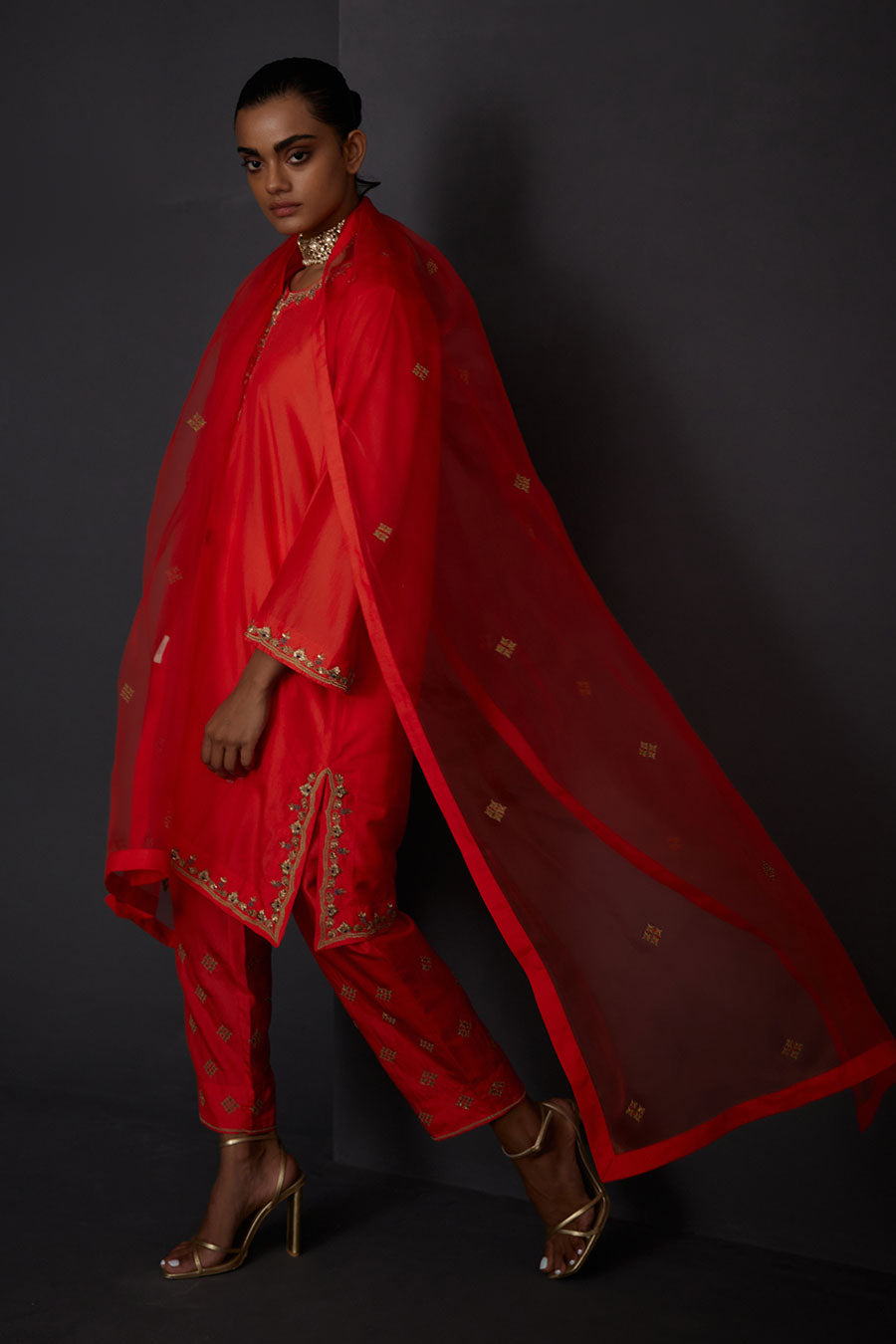Scarlet Red Embroidered Dupatta
