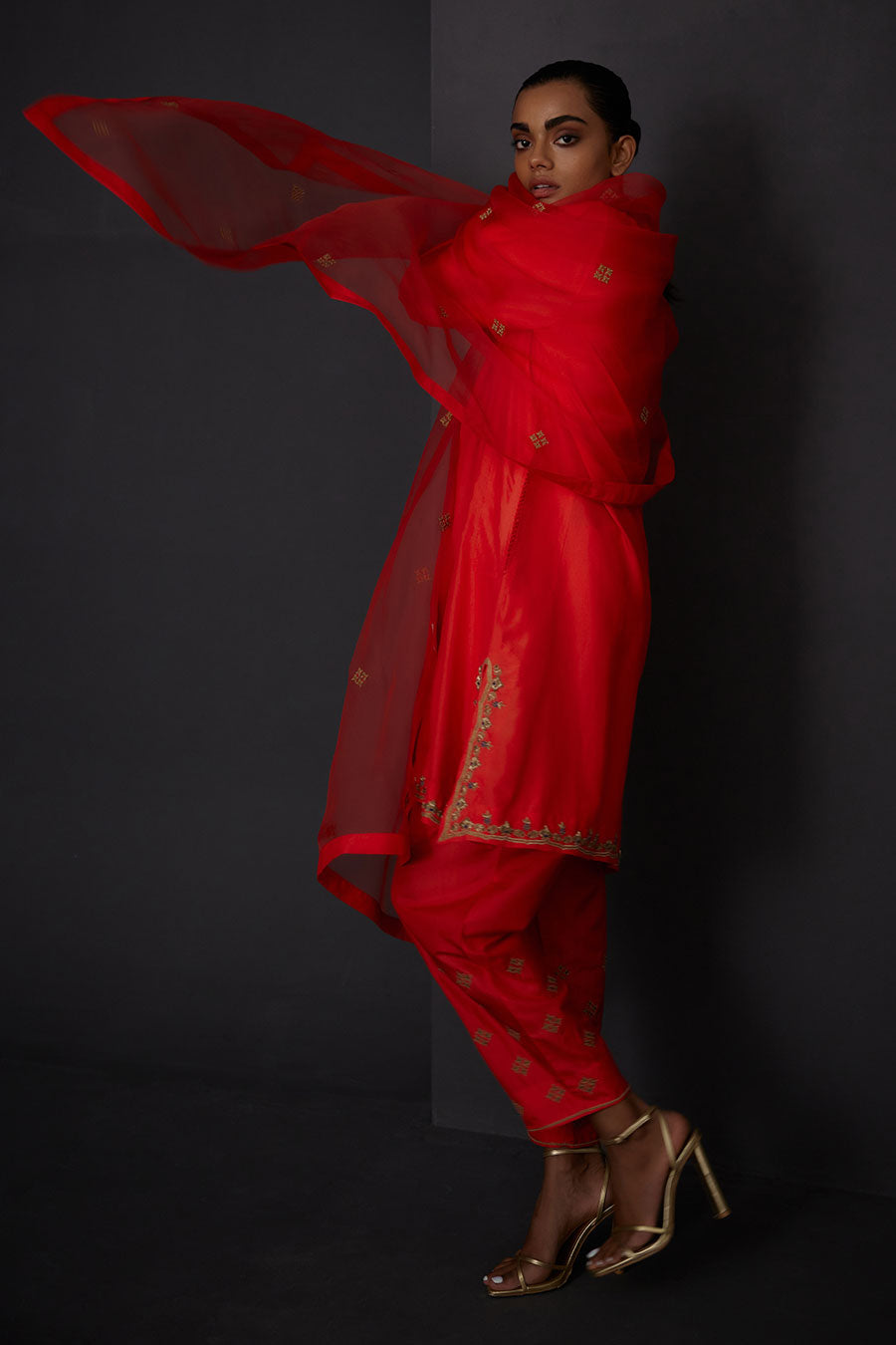 Scarlet Red Embroidered Dupatta