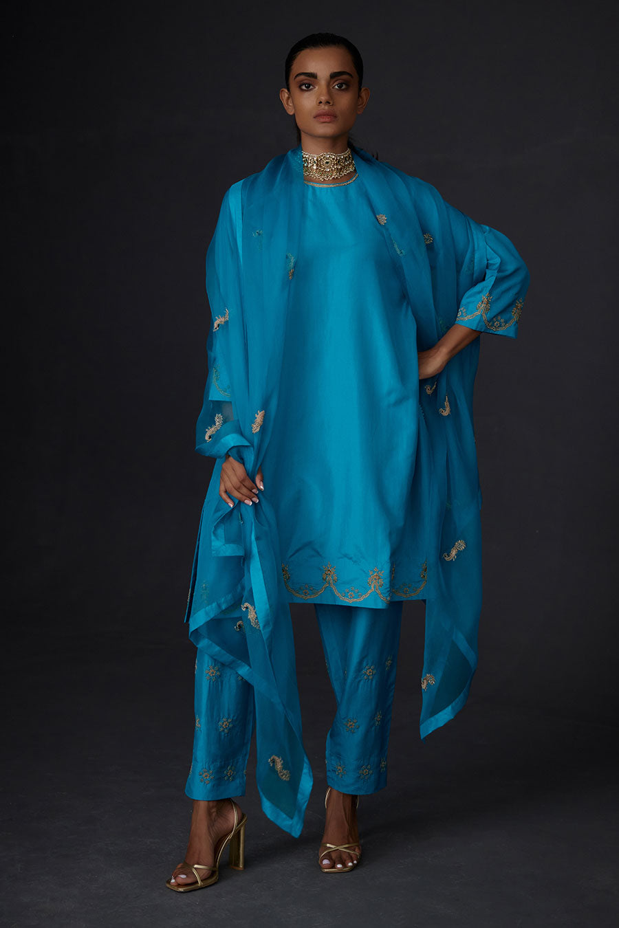 Turquoise Blue Embroidered Dupatta