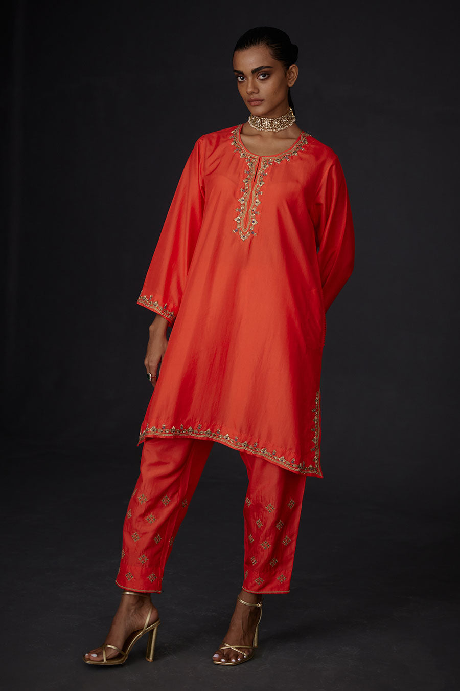 Scarlet Red Embroidered Kurta & Pant Set