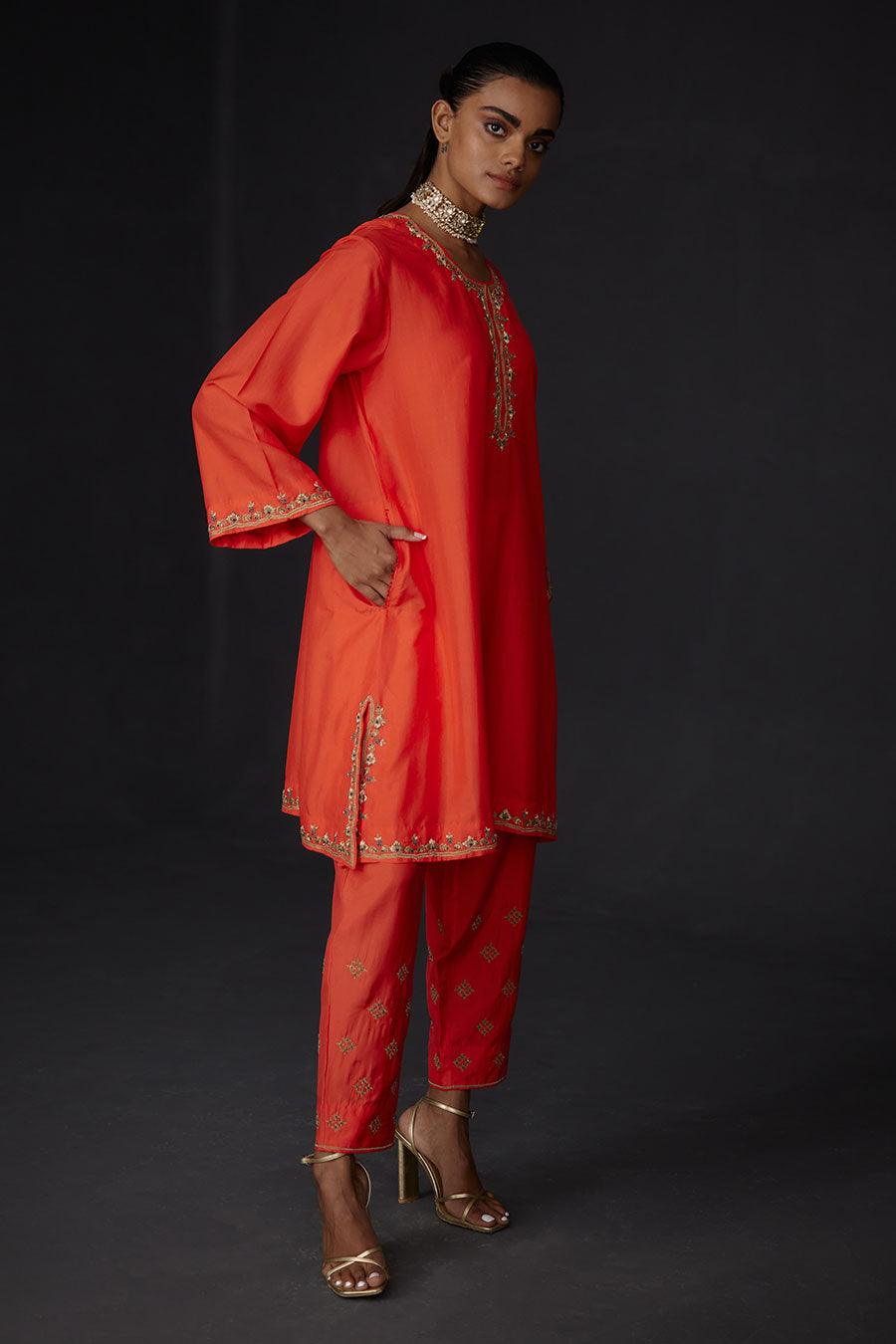 Scarlet Red Embroidered Kurta & Pant Set