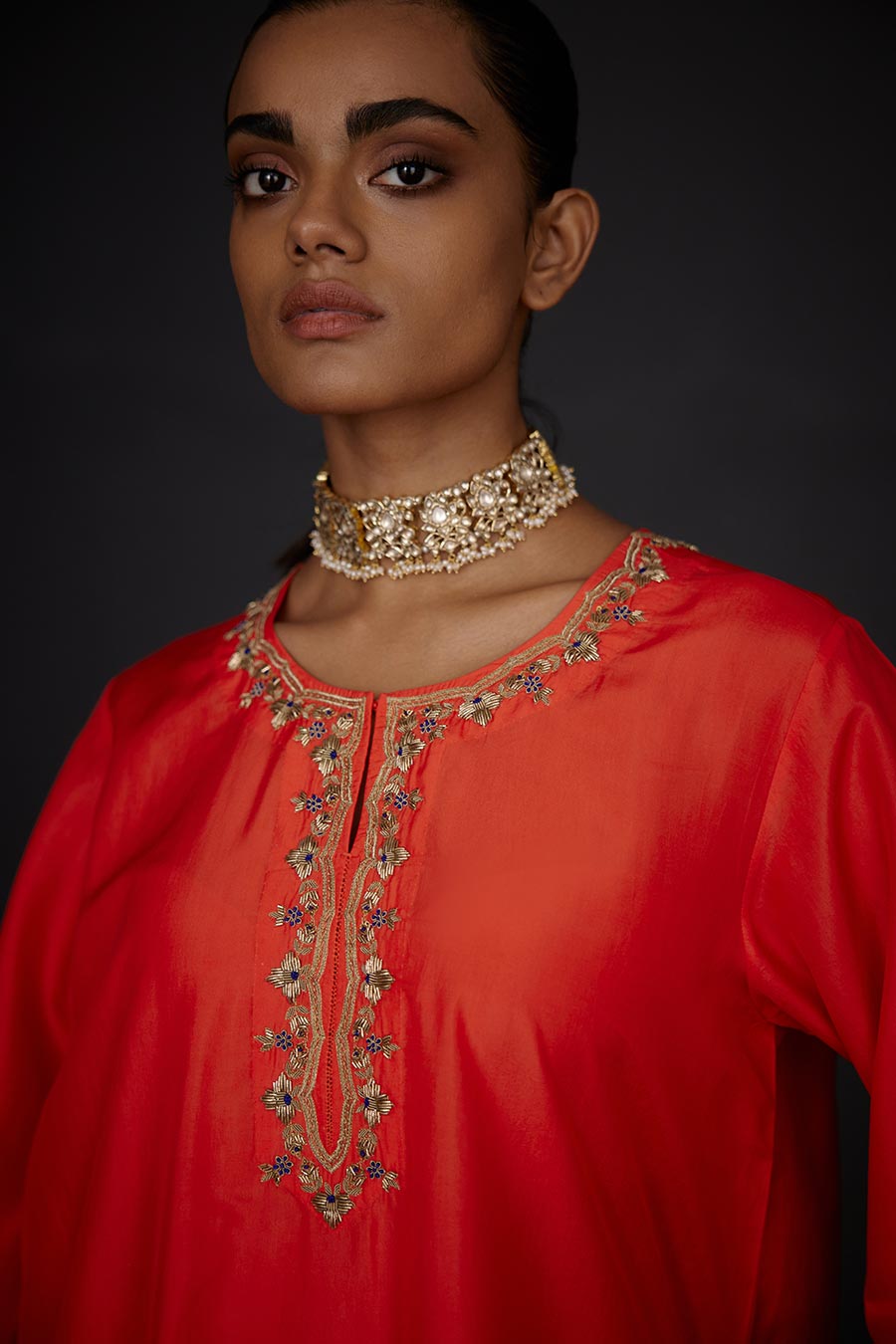 Scarlet Red Embroidered Kurta & Pant Set
