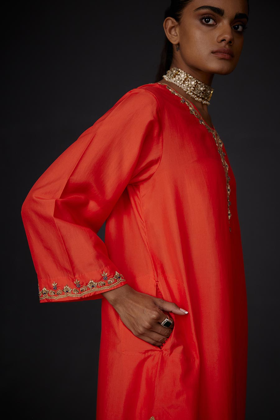 Scarlet Red Embroidered Kurta & Pant Set
