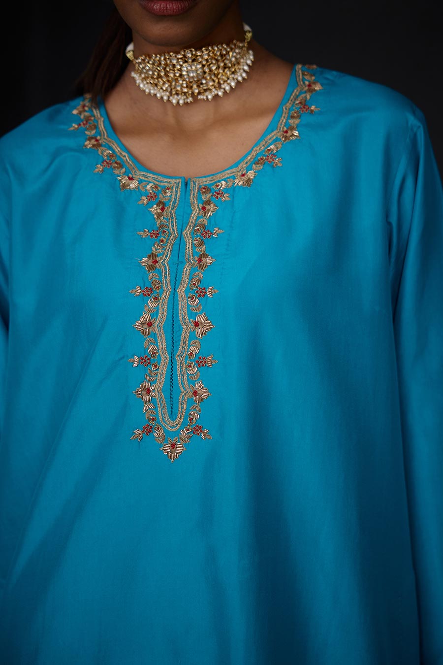 Turquoise Blue Embroidered Kurta & Pant Set