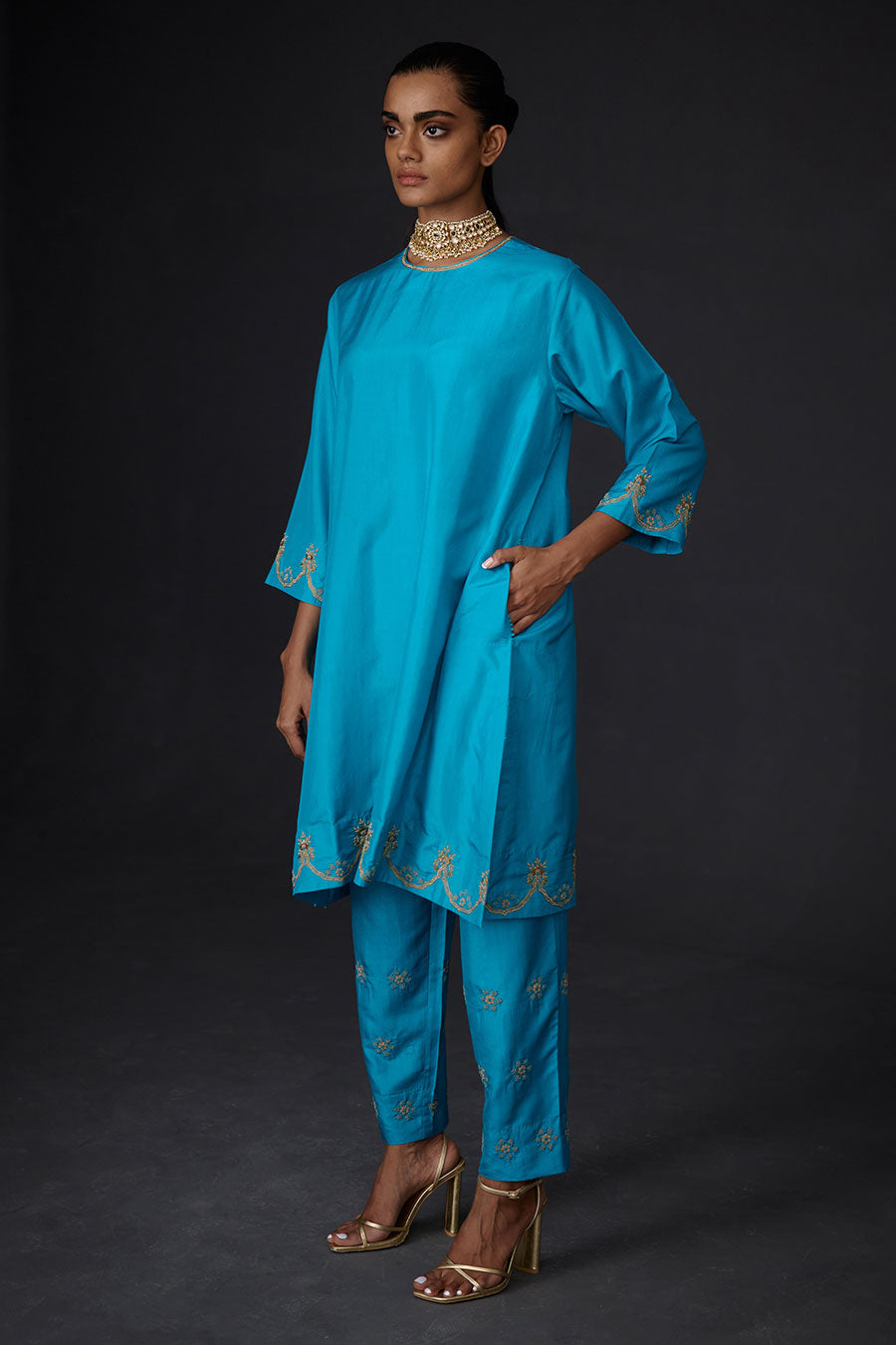 Turquoise Blue Embroidered Kurta & Pant Set