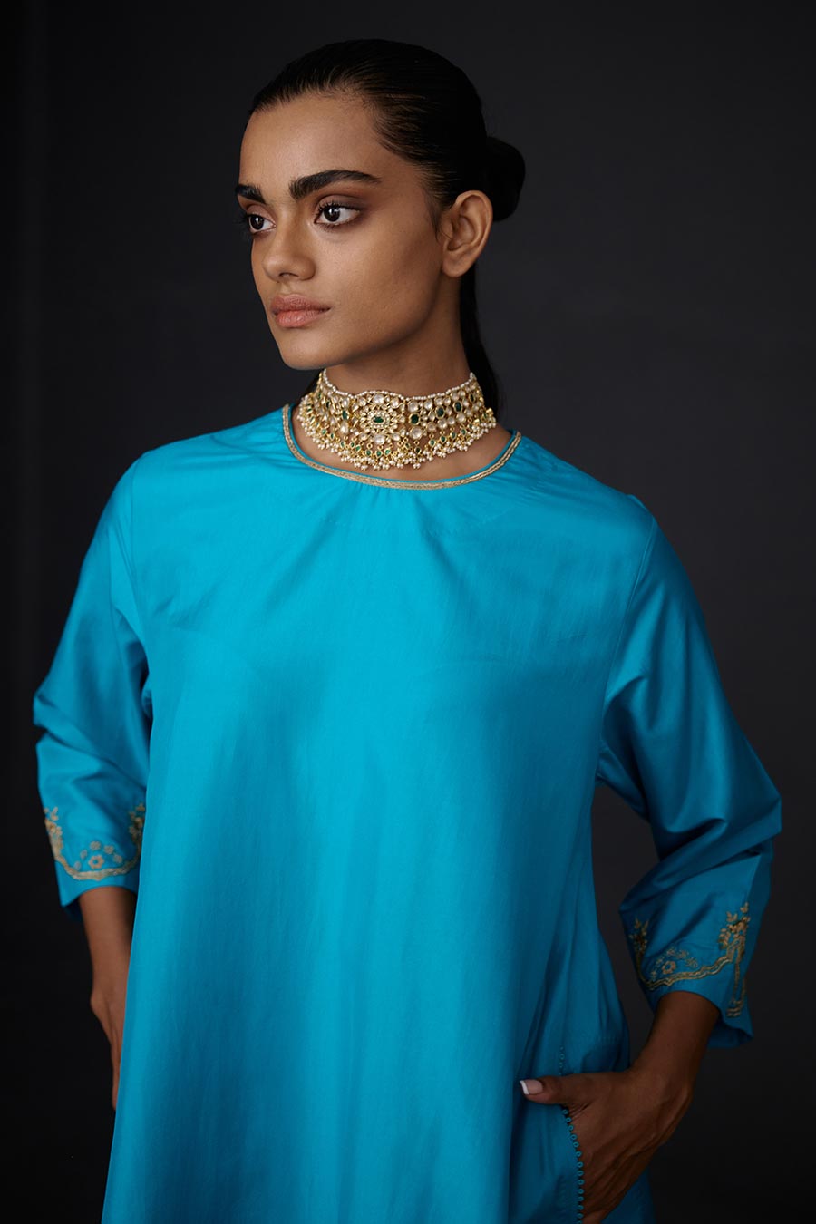 Turquoise Blue Embroidered Kurta & Pant Set