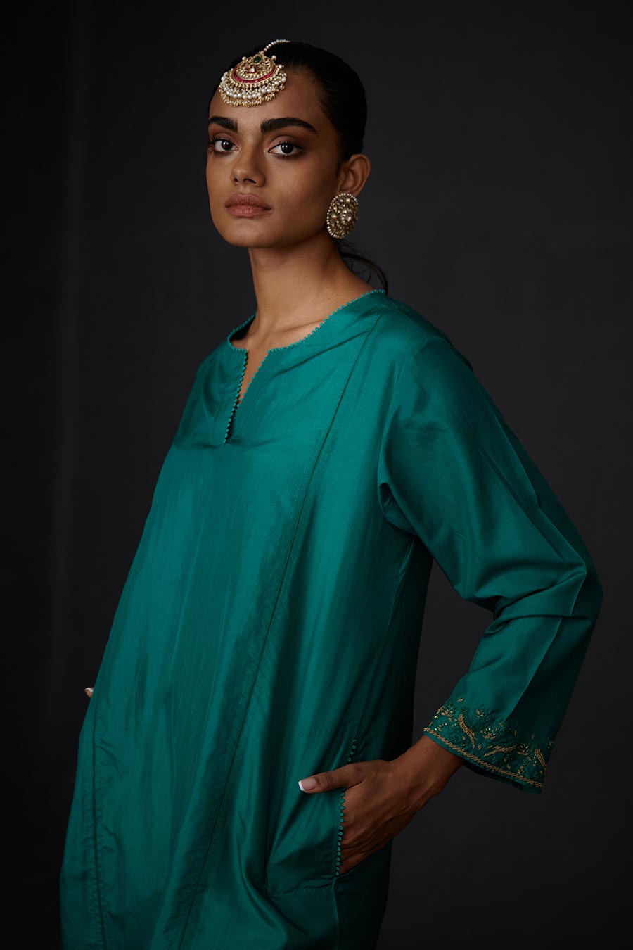 Green Embroidered Pintuck Kurta & Pant Set