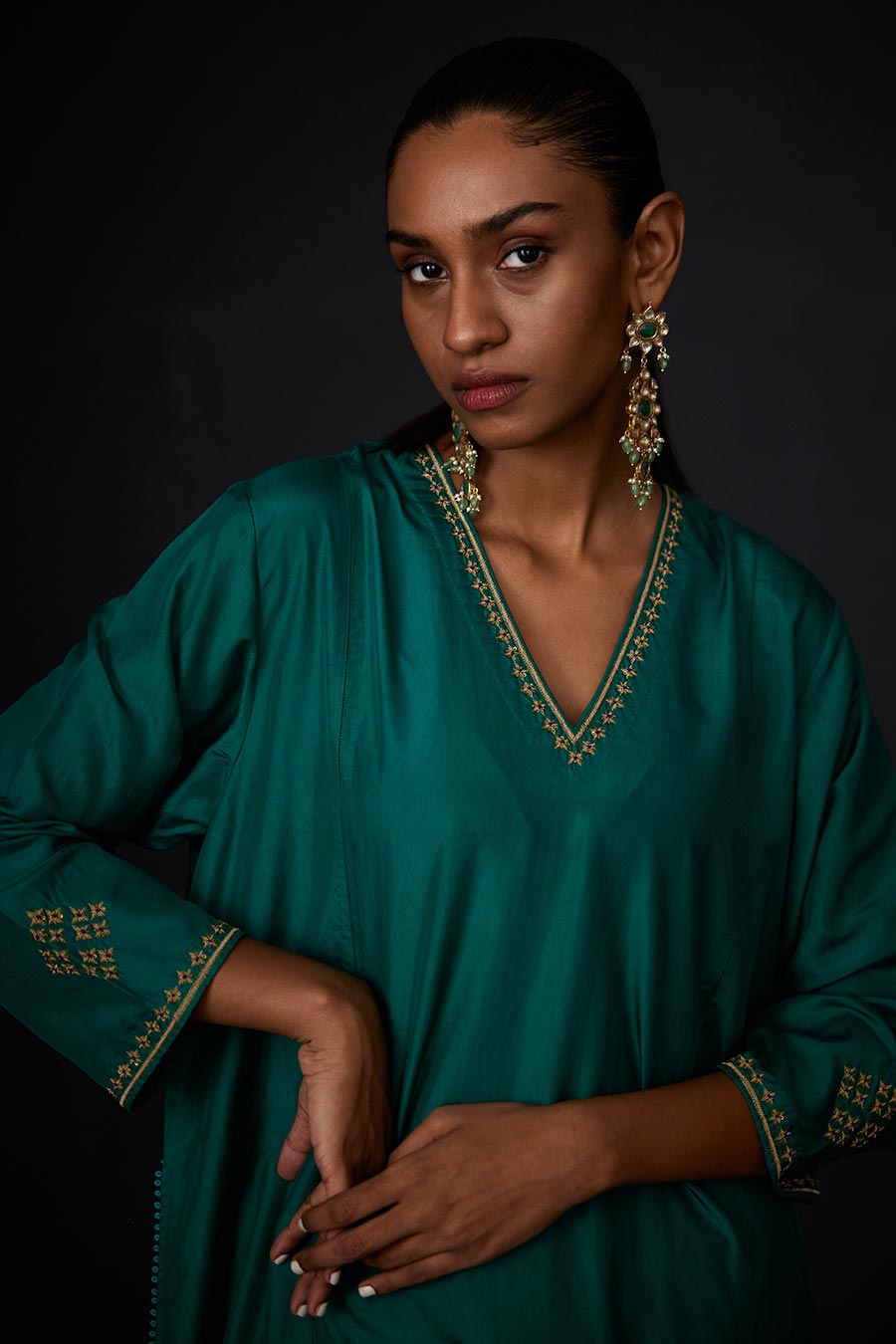 Green Embroidered Panelled Kurta & Pant Set