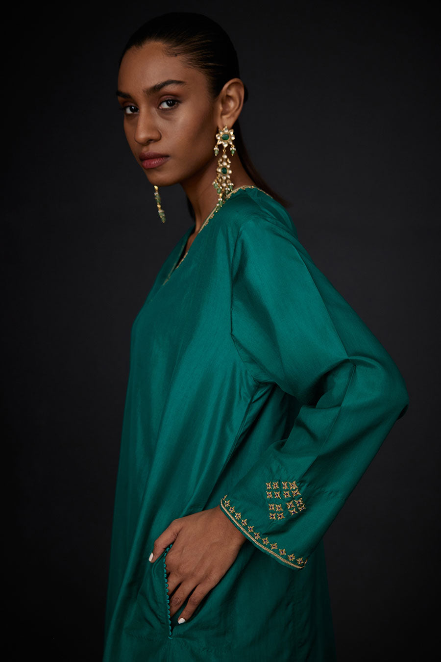 Green Embroidered Panelled Kurta & Pant Set