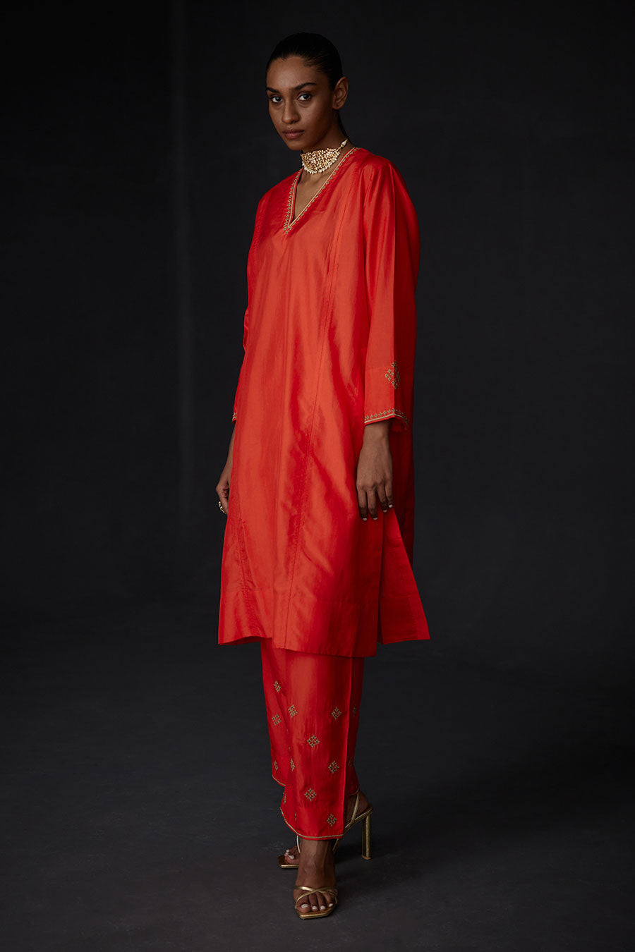 Scarlet Red Panelled Kurta & Embroidered Pant Set