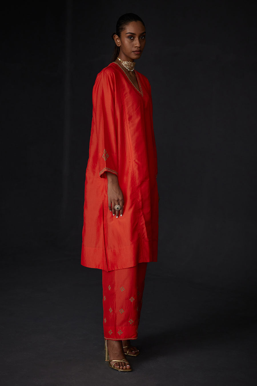 Scarlet Red Panelled Kurta & Embroidered Pant Set