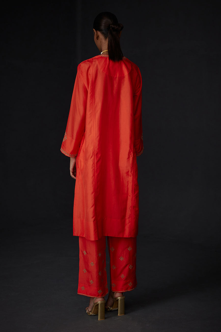 Scarlet Red Panelled Kurta & Embroidered Pant Set