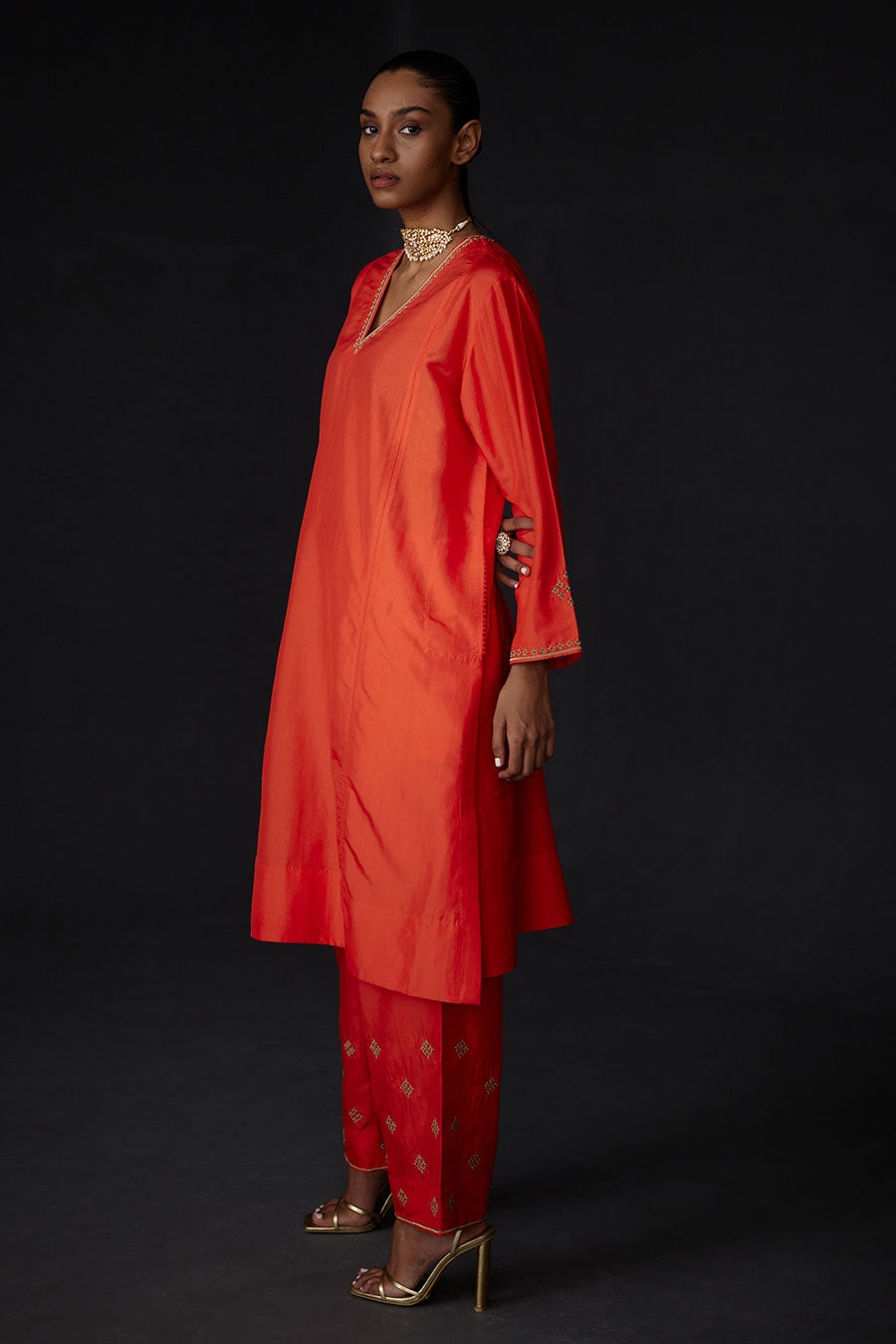 Scarlet Red Panelled Kurta & Embroidered Pant Set