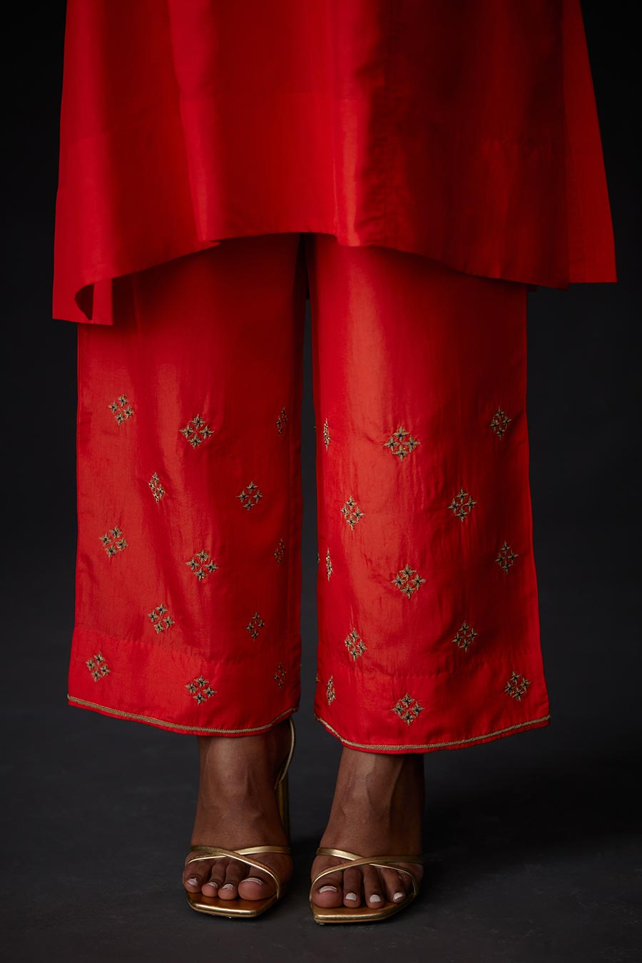 Scarlet Red Panelled Kurta & Embroidered Pant Set
