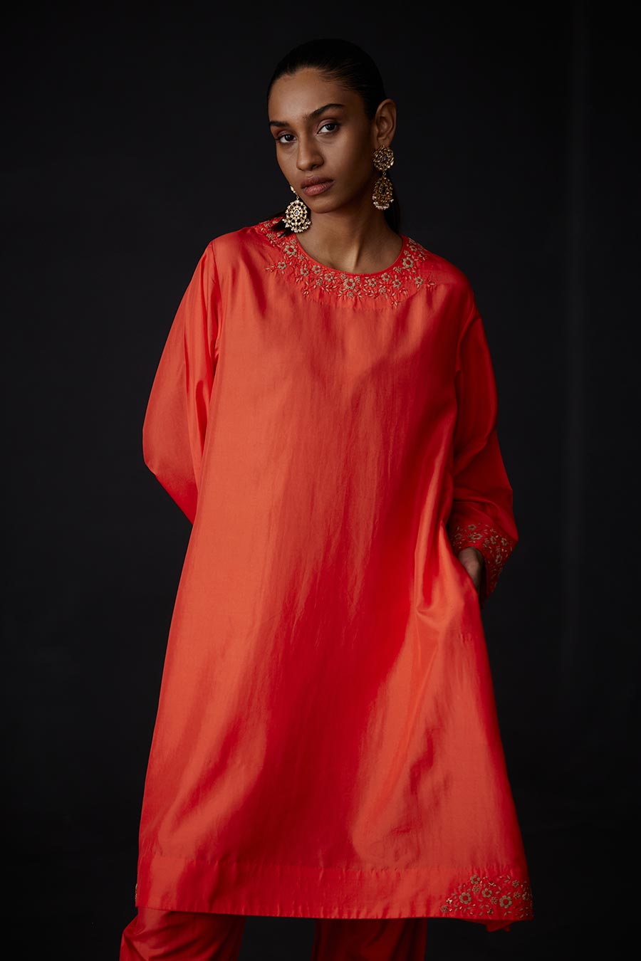 Scarlet Red Embroidered Kurta & Pant Set