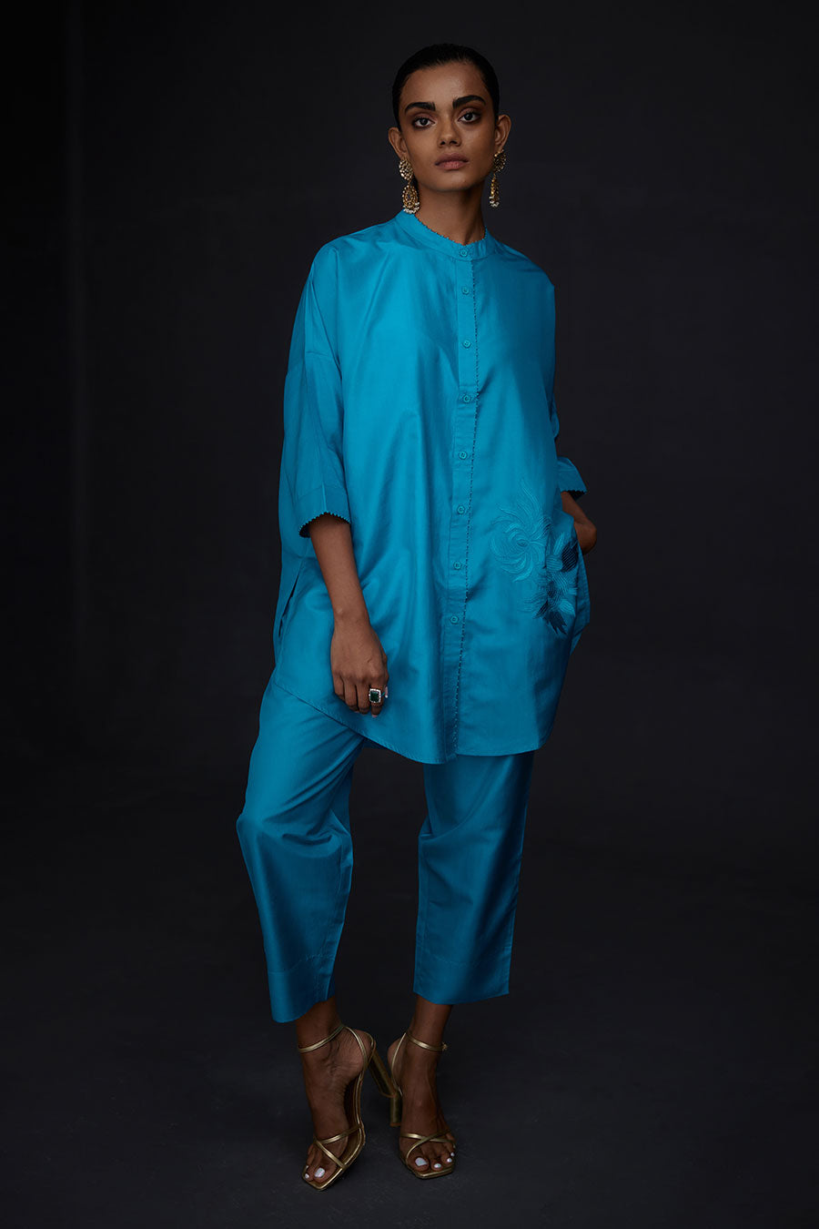 Turquoise Blue Embroidered Tunic & Pant Set