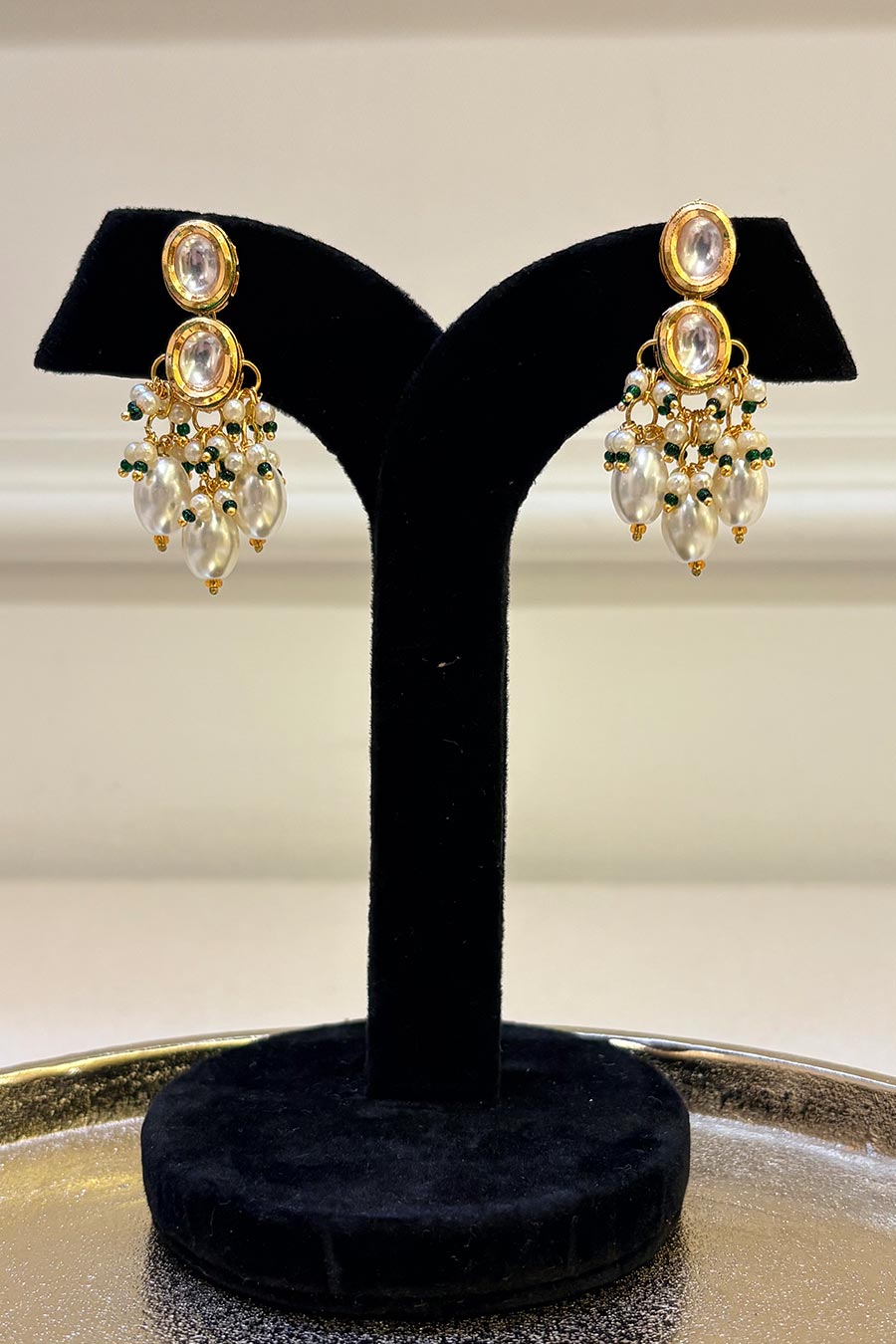 Kundan Drop Jhumki with Pearl & Emerald Tassels