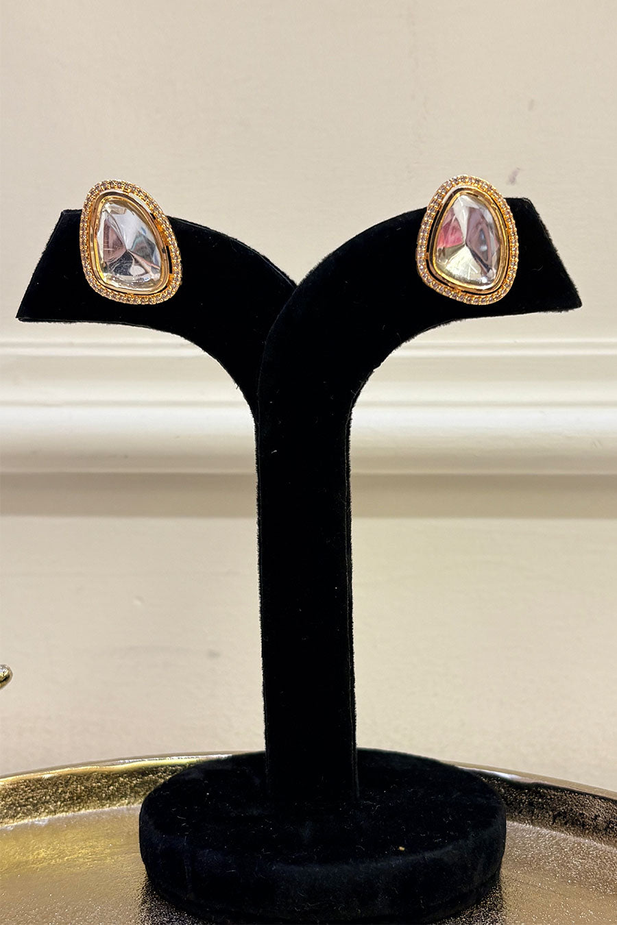 Geometric Polki Studs with Pearl-Bead Border