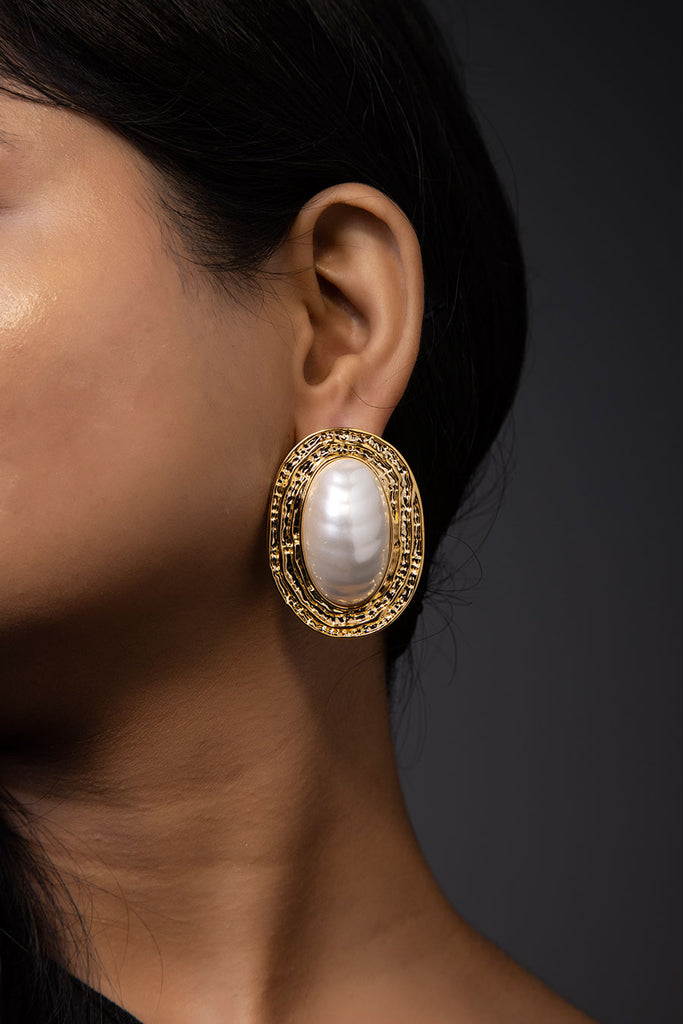 Gold Finish Pearl Oval Stud Earrings