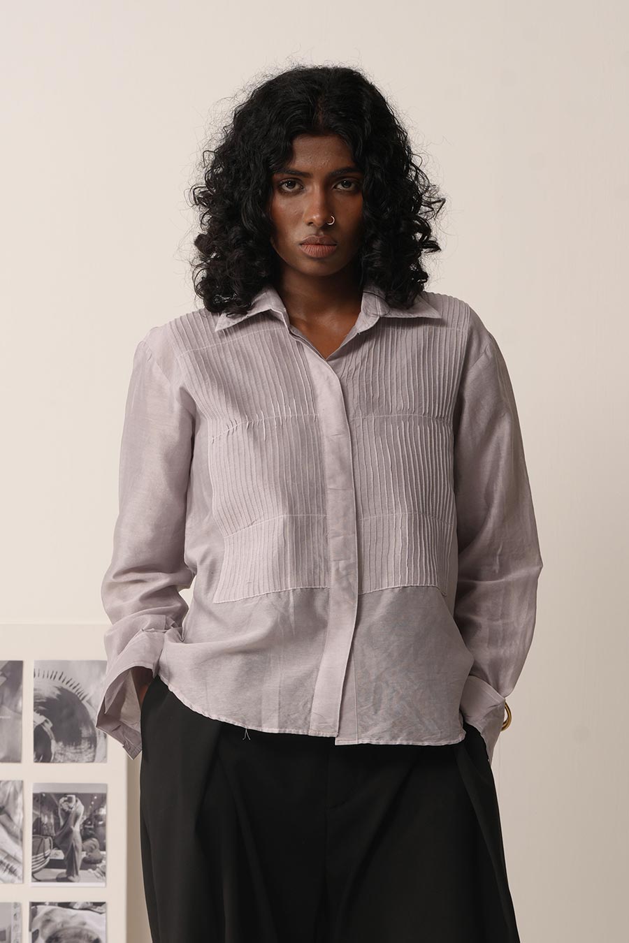 Mul Chanderi Hand-Painted Pintuck Shirt