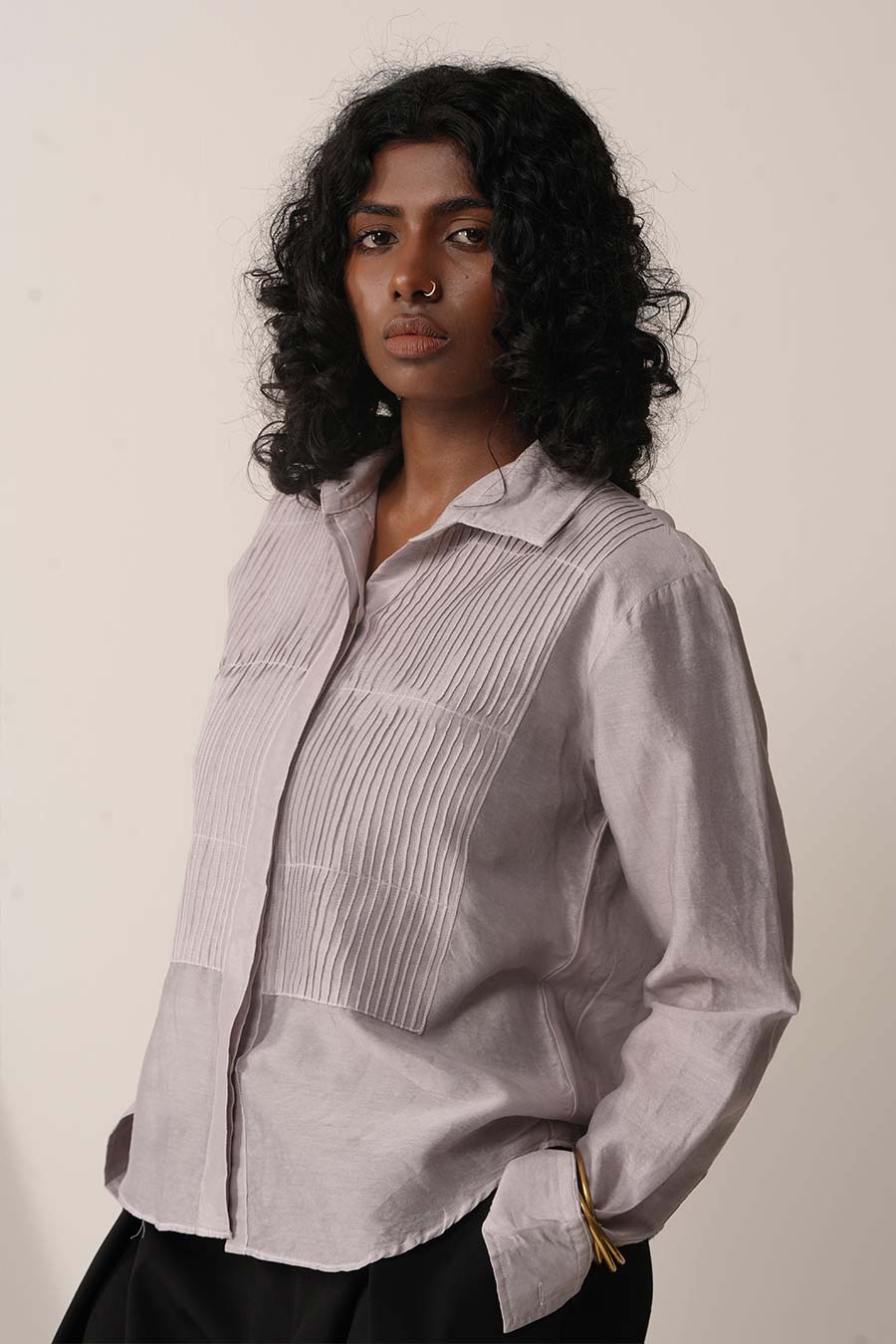 Mul Chanderi Hand-Painted Pintuck Shirt