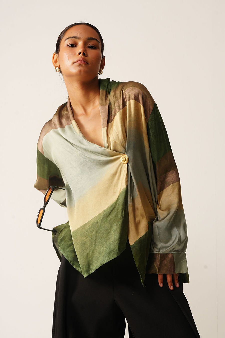 Multicoloured Abstract Print Satin Drape Top
