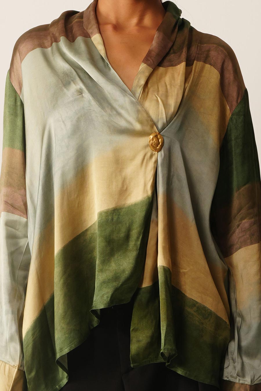 Multicoloured Abstract Print Satin Drape Top