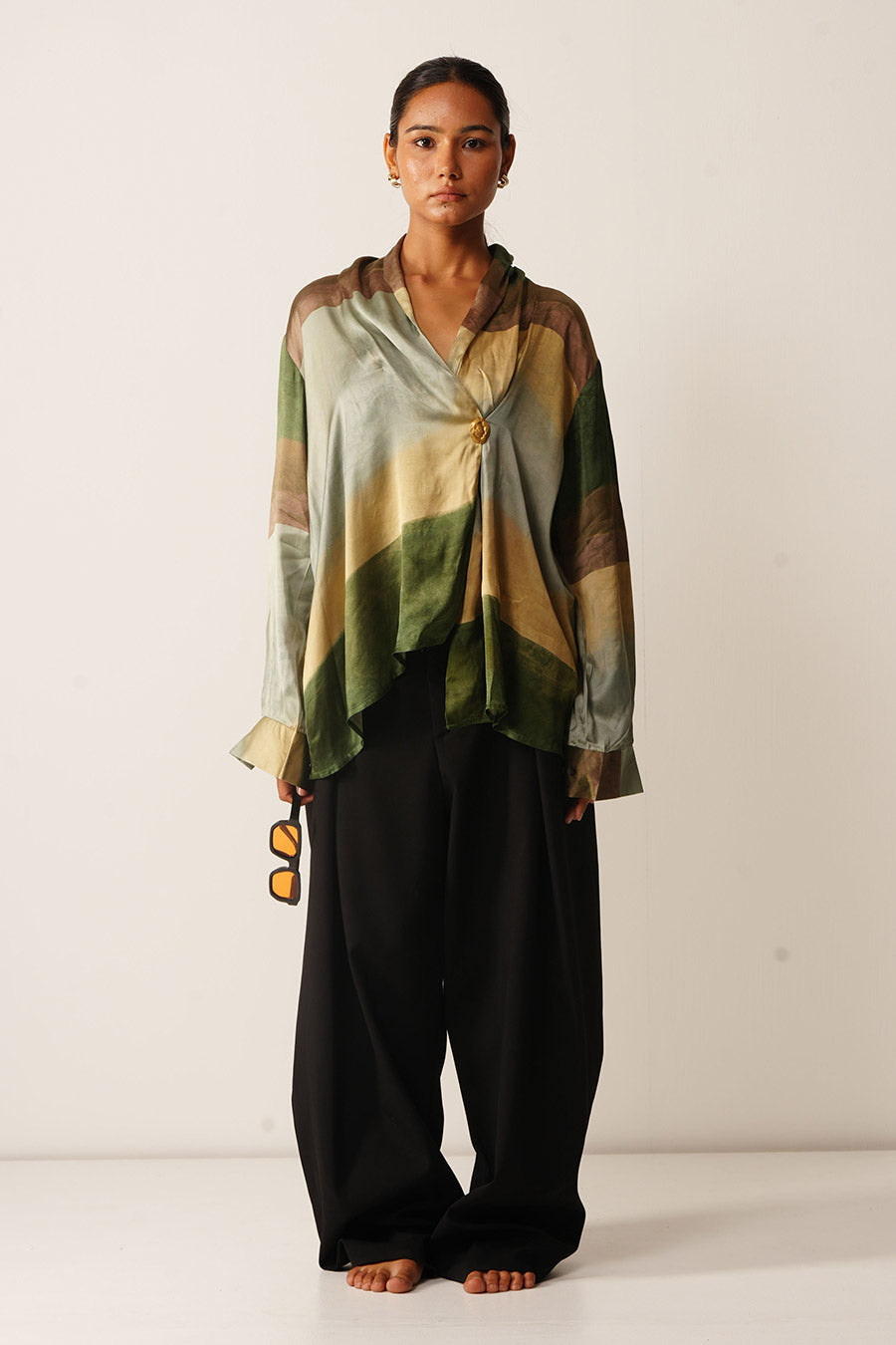 Multicoloured Abstract Print Satin Drape Top