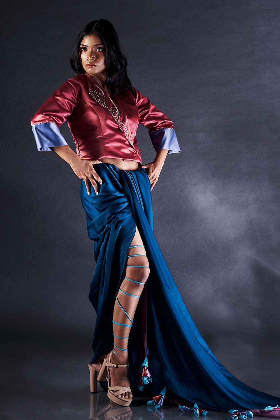 Blue Saree & Rust Embroidered Jacket Set