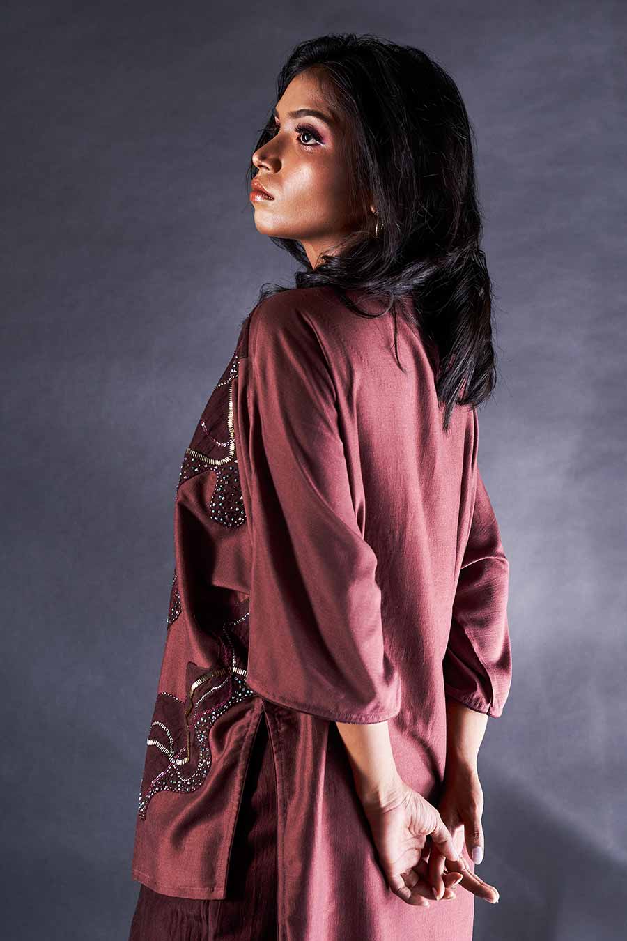 Brown Embroidered High-Low Top & Pant Co-Ord Set