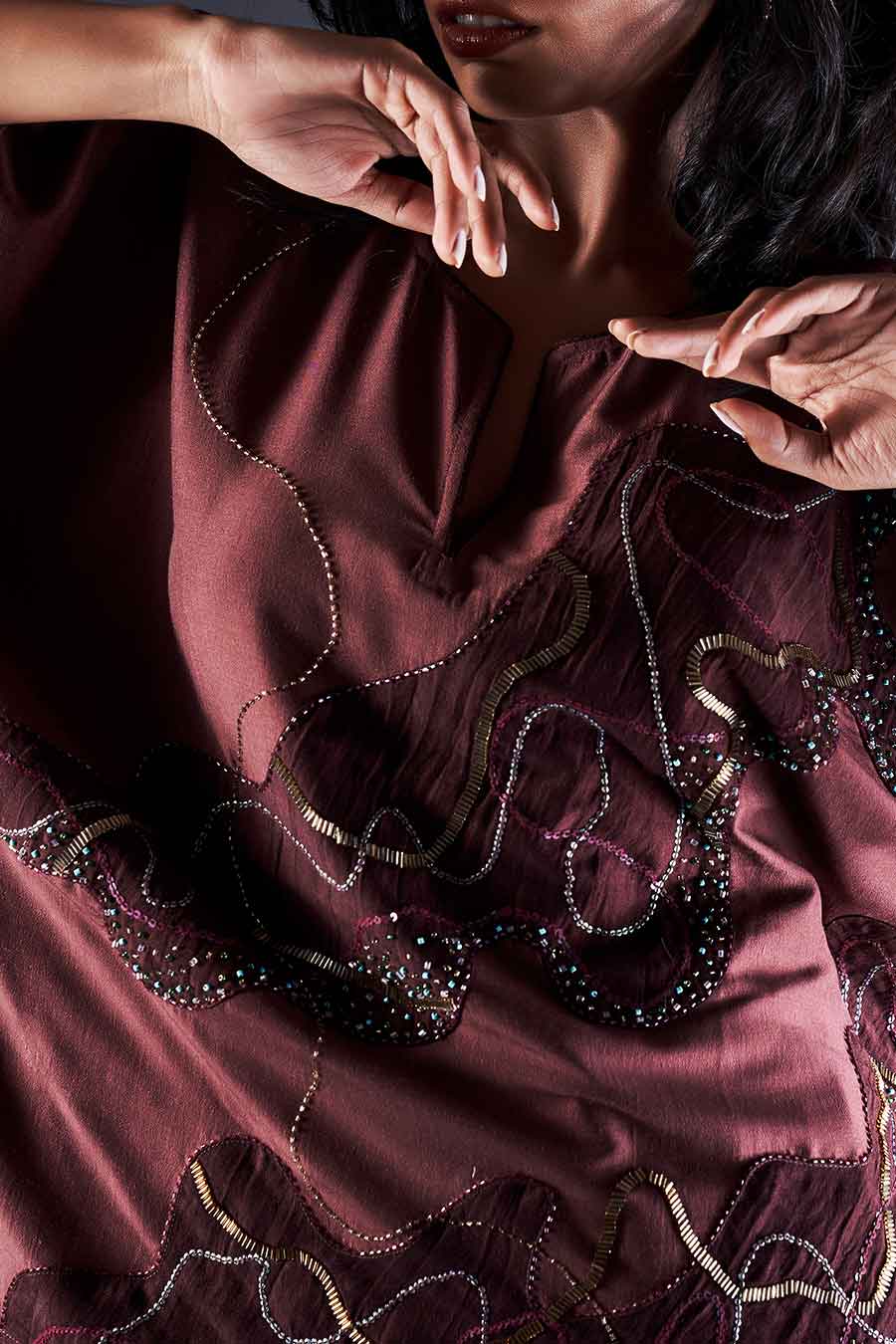 Brown Embroidered High-Low Top & Pant Co-Ord Set