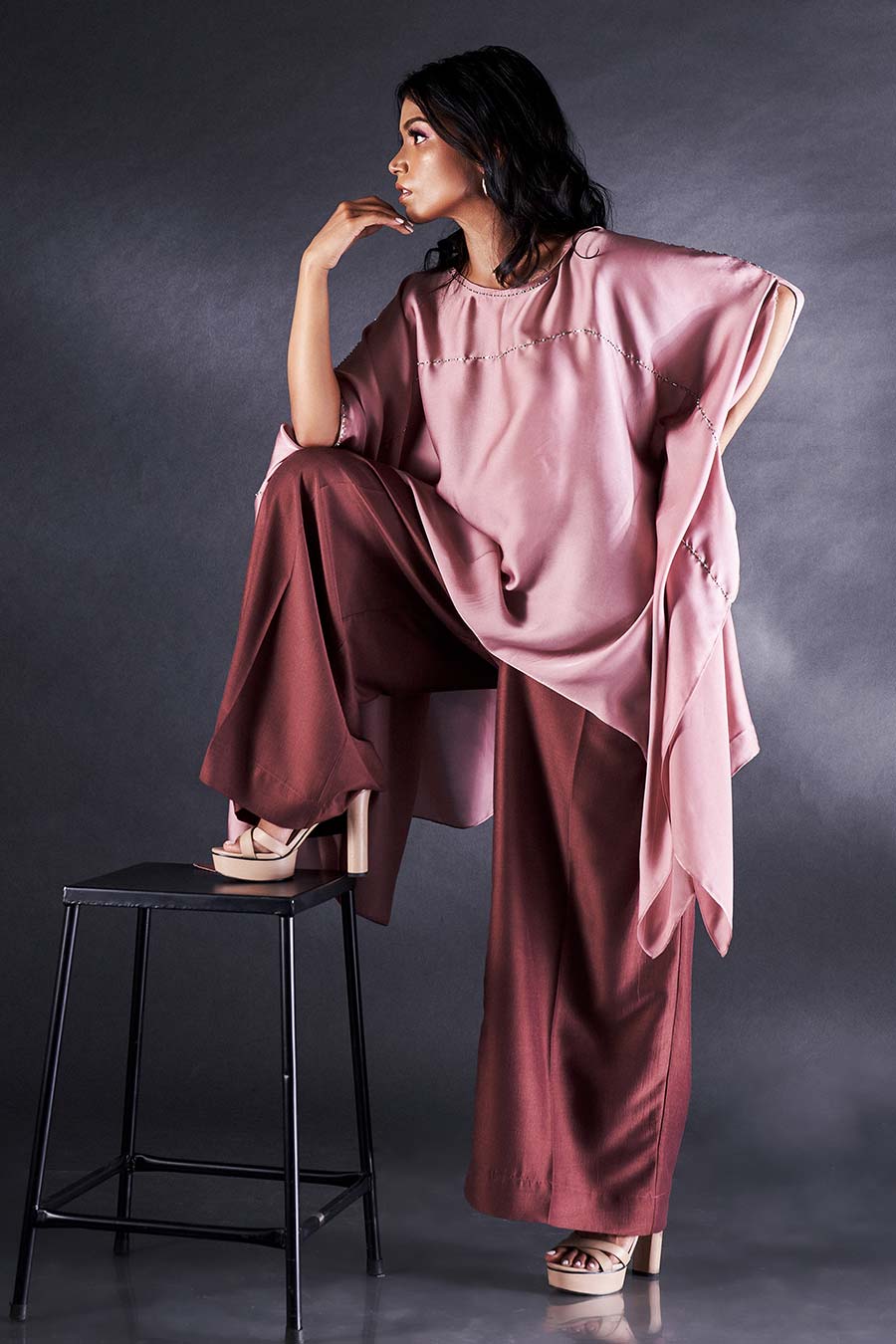 Peach Embroidered Short Kaftan & Pant Set