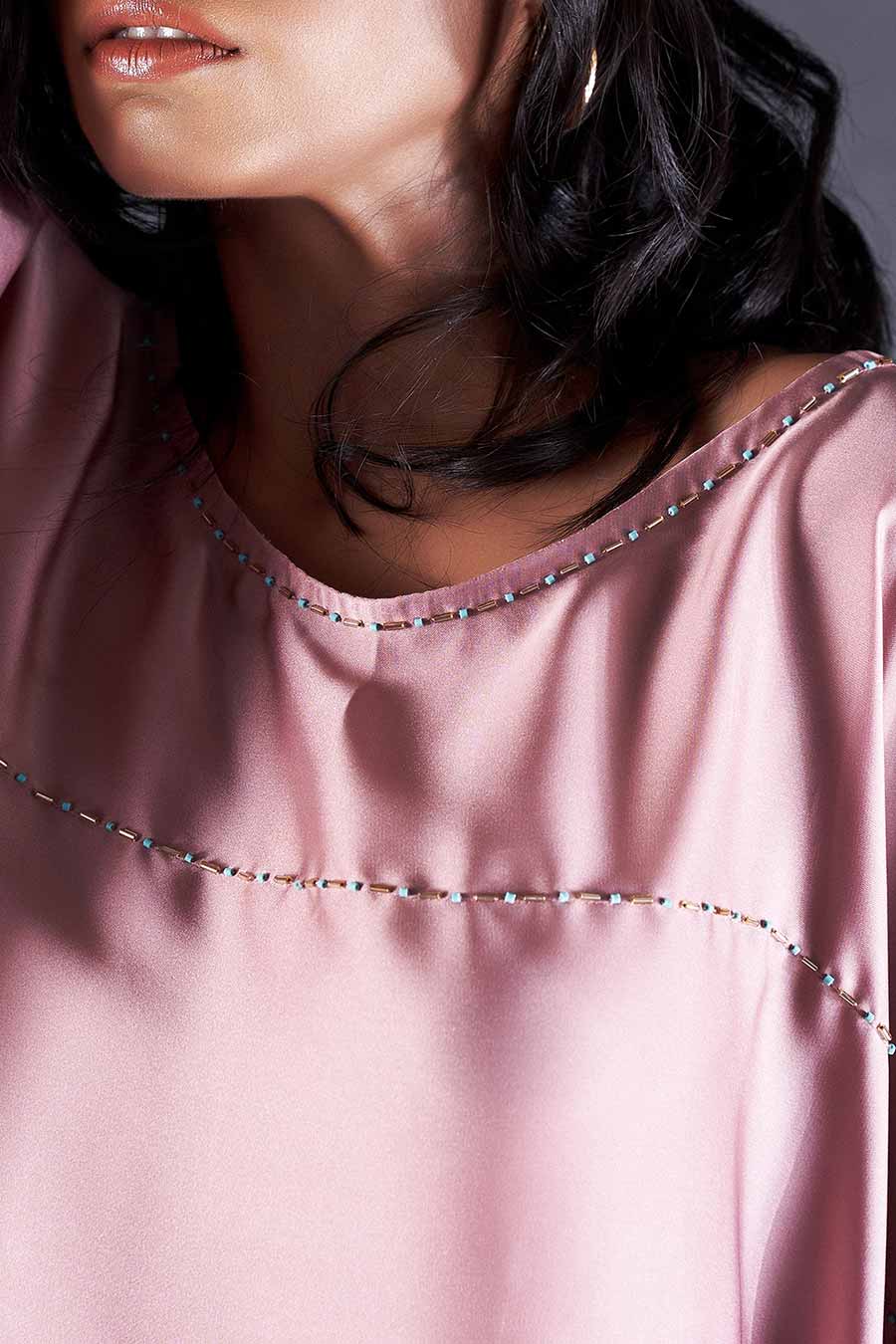 Peach Embroidered Short Kaftan & Pant Set