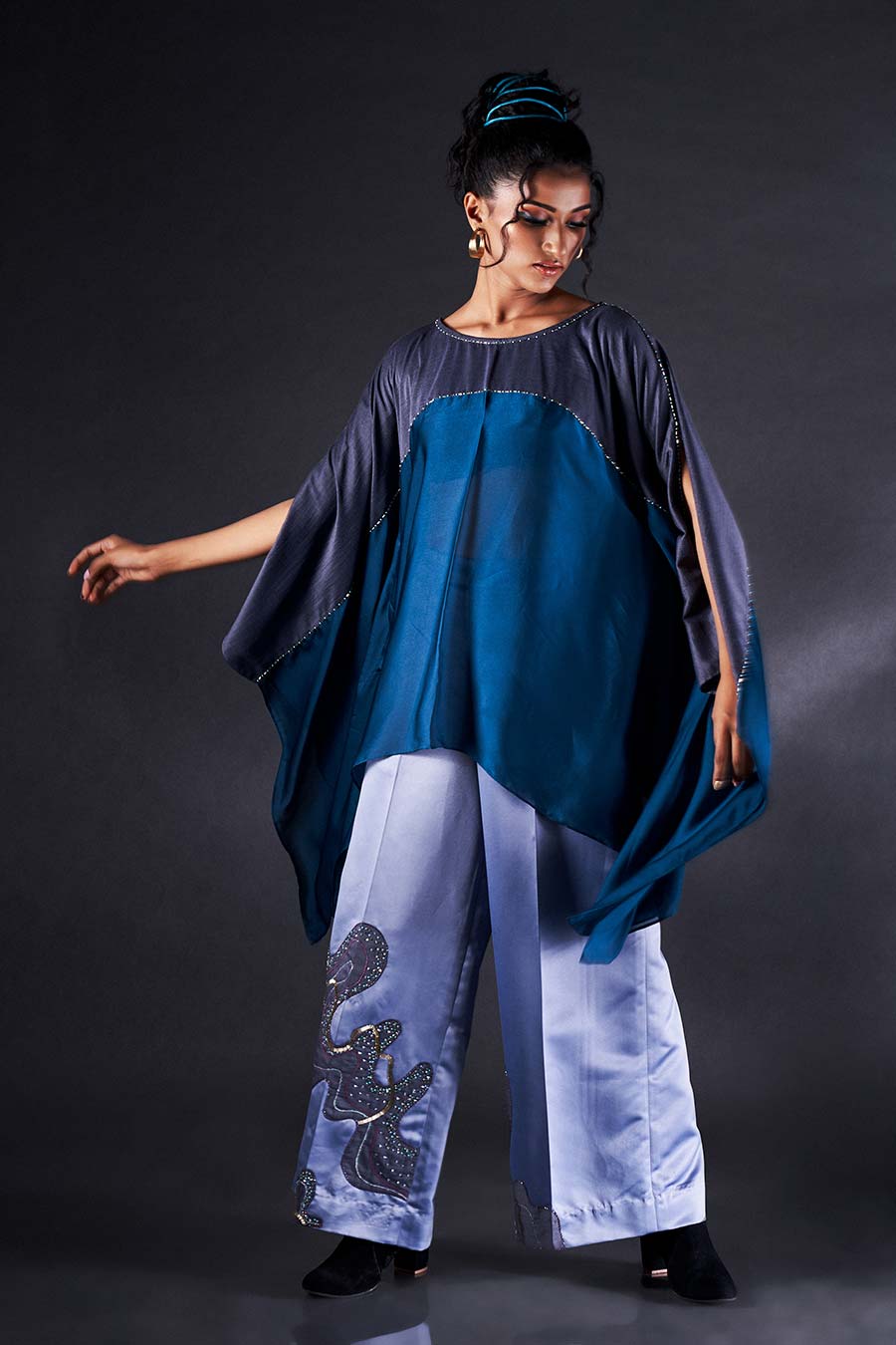 Blue Embroidered Short Kaftan & Pant Co-Ord Set