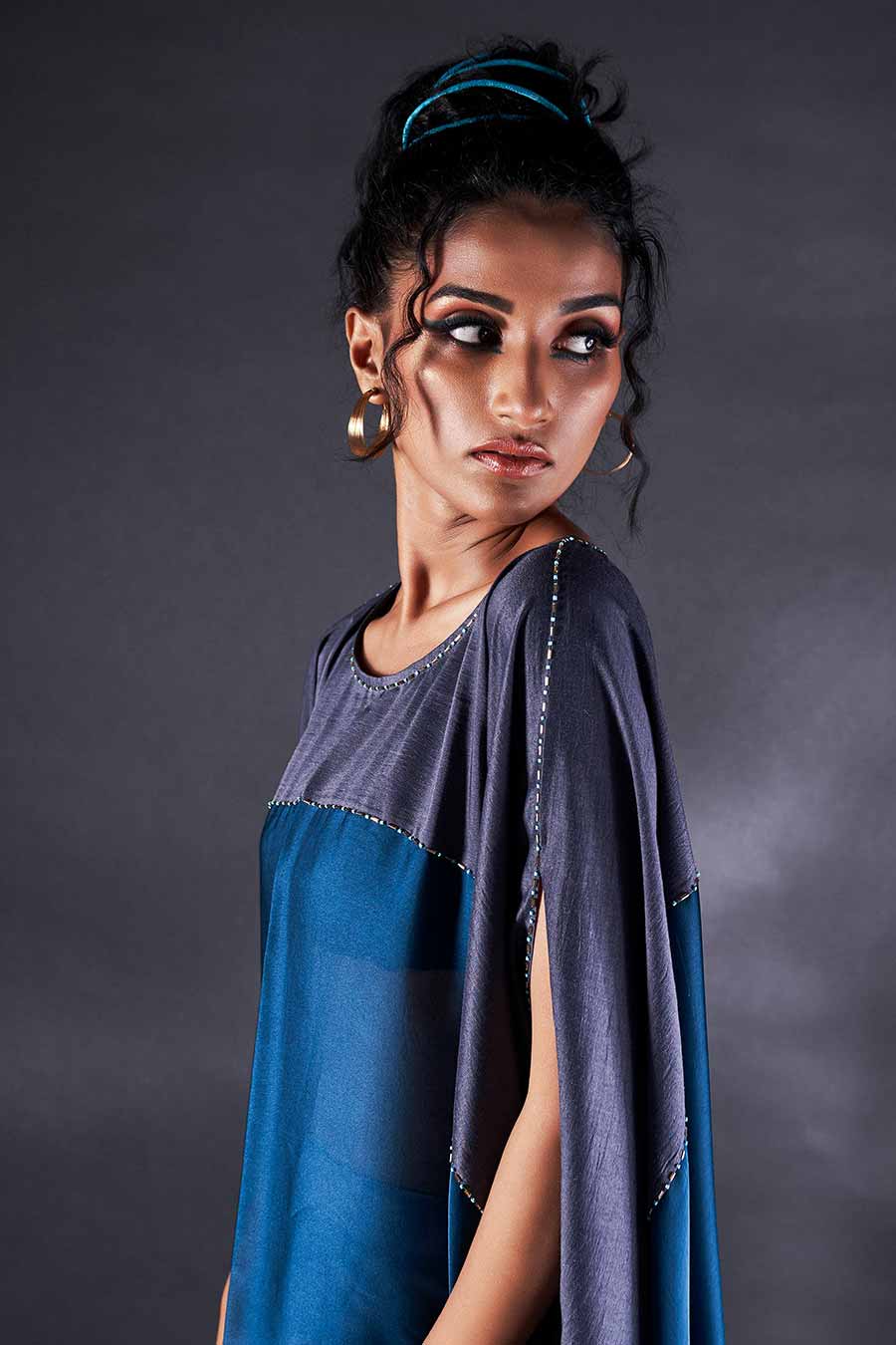 Blue Embroidered Short Kaftan & Pant Co-Ord Set