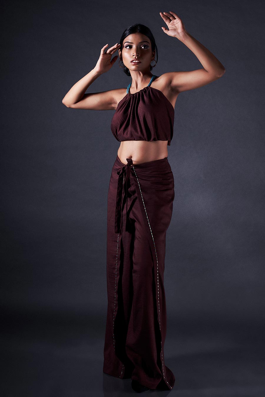 Brown Halter Top & Embroidered Kabuki Pant Co-Ord Set