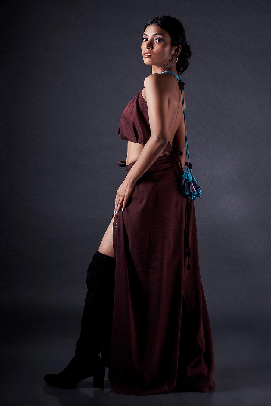 Brown Halter Top & Embroidered Kabuki Pant Co-Ord Set