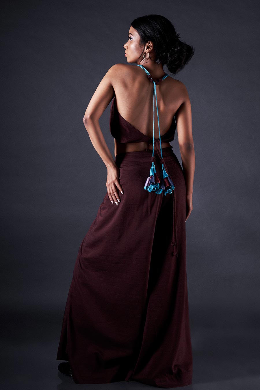 Brown Halter Top & Embroidered Kabuki Pant Co-Ord Set