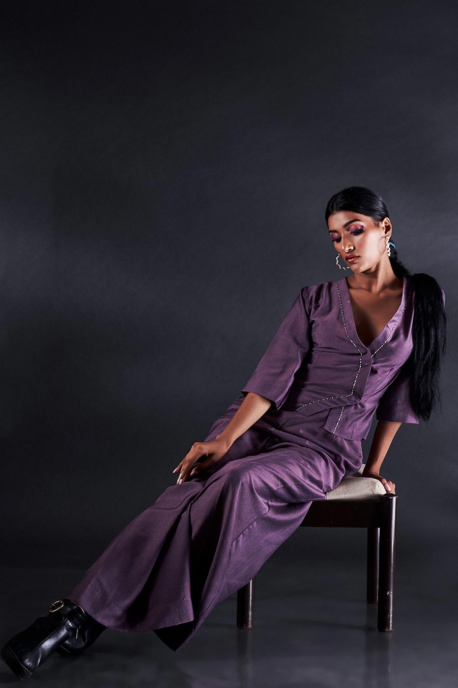 Purple Embroidered Crossover Top & Pant Co-Ord Set