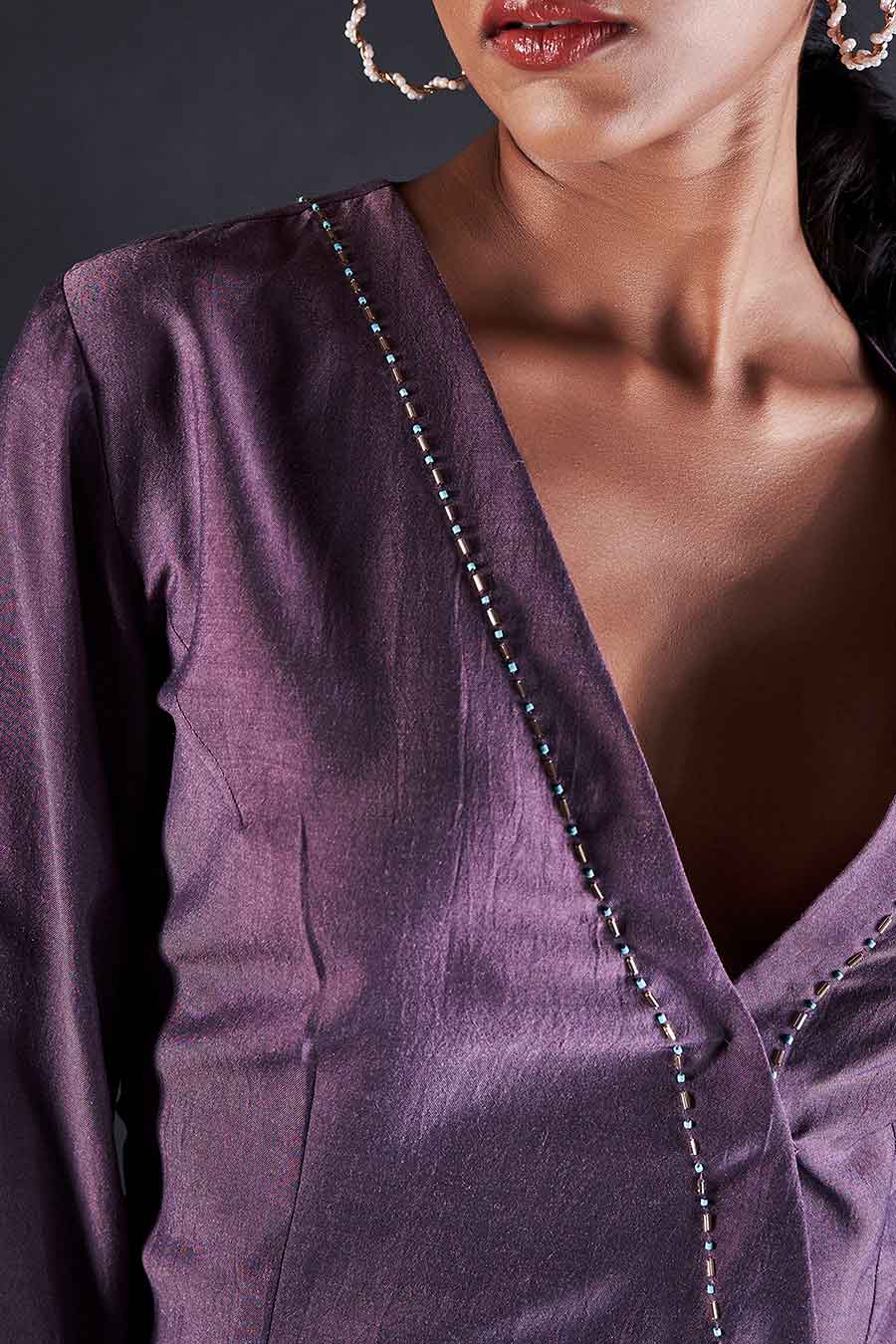 Purple Embroidered Crossover Top & Pant Co-Ord Set