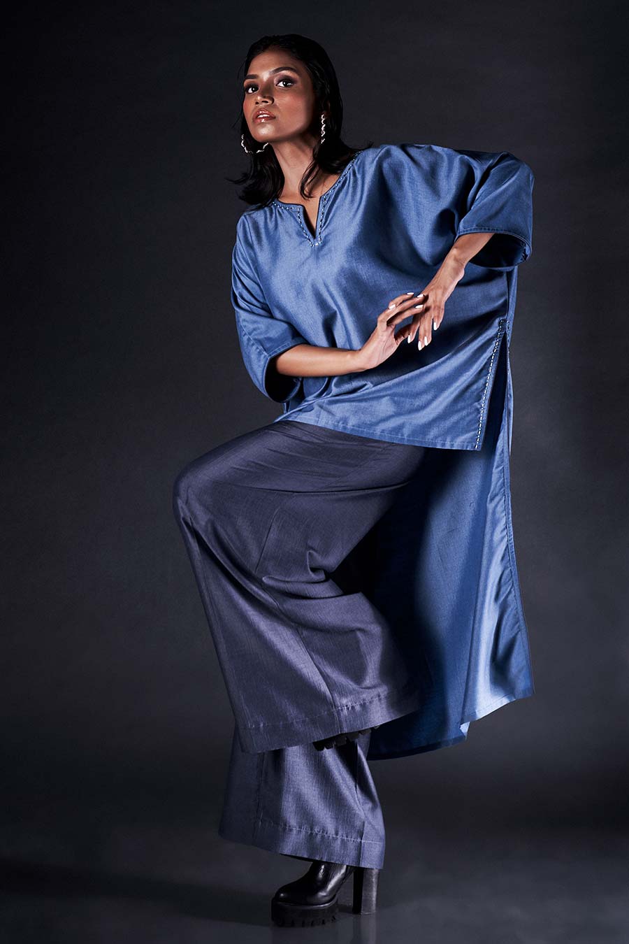 Blue Embroidered High-Low Top & Pant Co-Ord Set