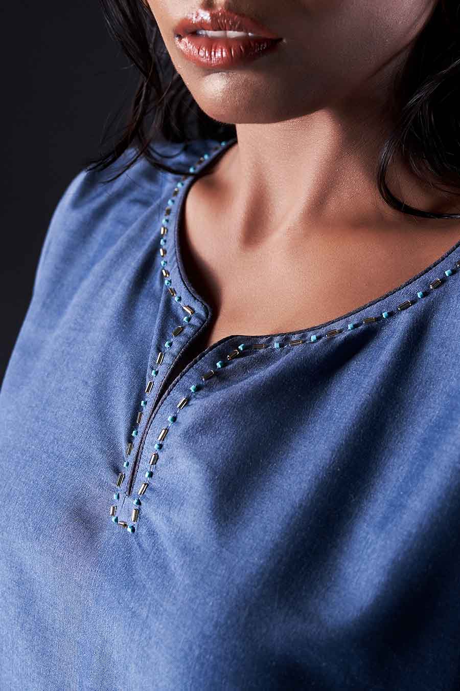 Blue Embroidered High-Low Top & Pant Co-Ord Set