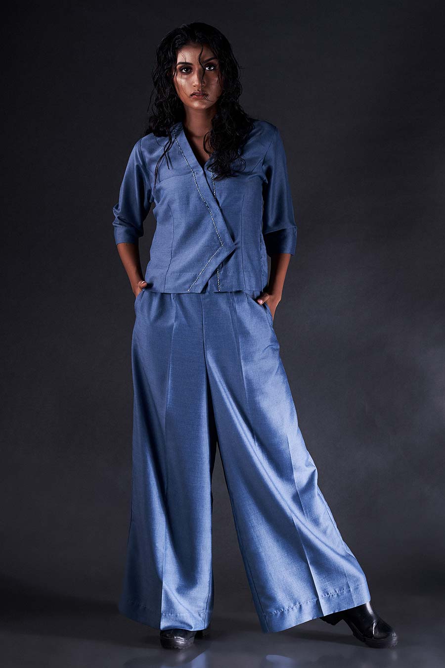 Blue Embroidered Crossover Top & Pant Co-Ord Set