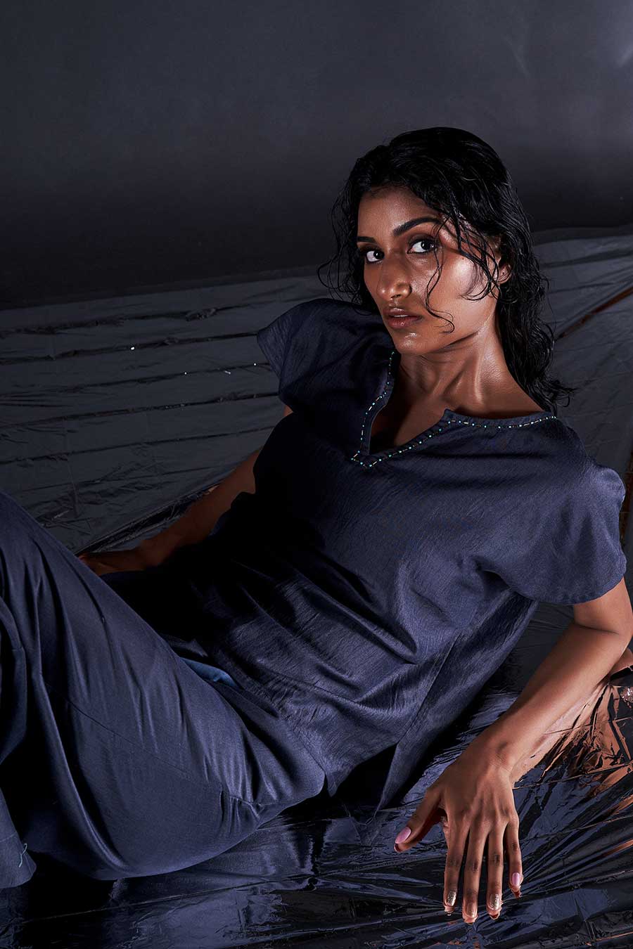 Blue Top & Embroidered Wrap Pant Co-Ord Set