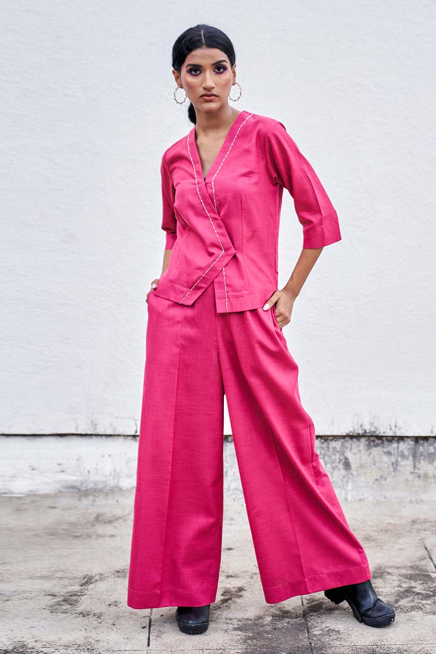 Pink Embroidered Crossover & Pant Co-Ord Set