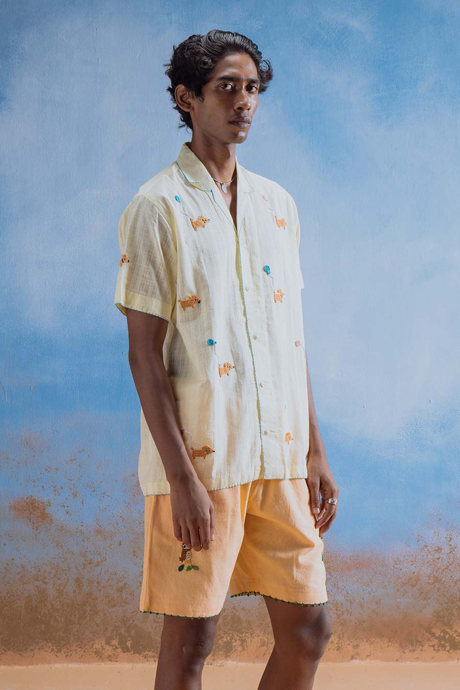 Yellow Cotton Embroidered Joyful Paws Shirt