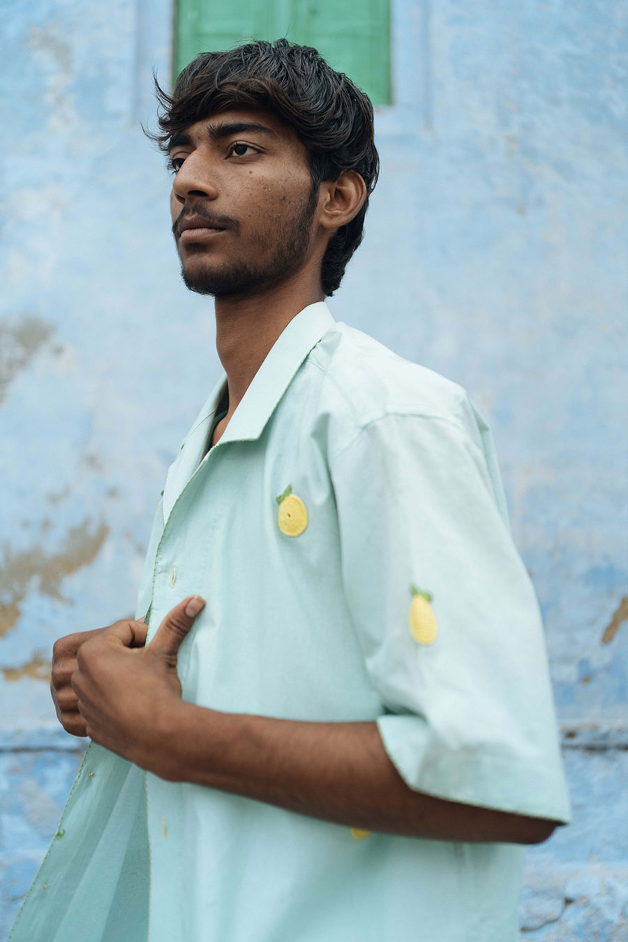 Green Cotton Embroidered Lemon Blossom Shirt