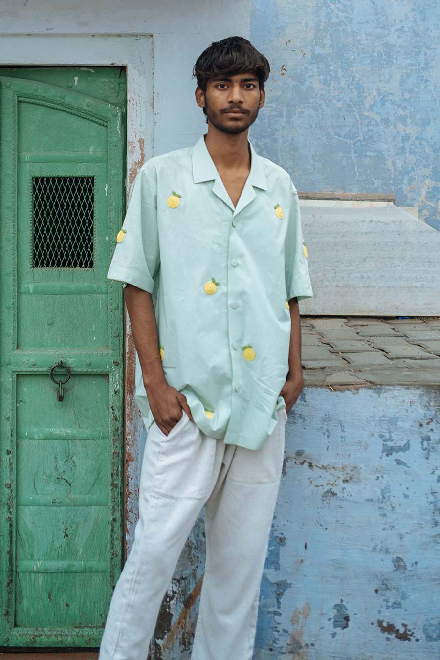 Green Cotton Embroidered Lemon Blossom Shirt