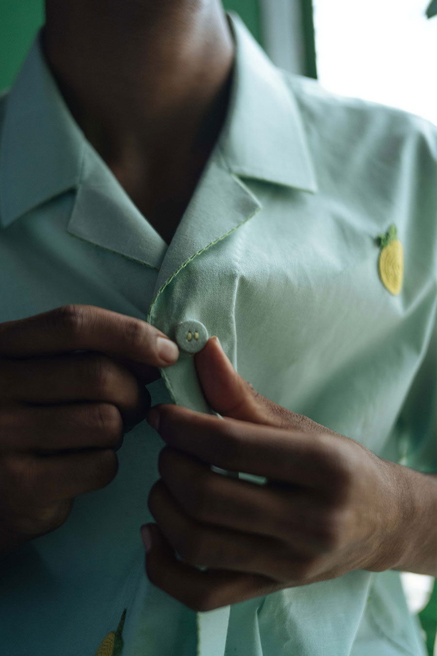 Green Cotton Embroidered Lemon Blossom Shirt