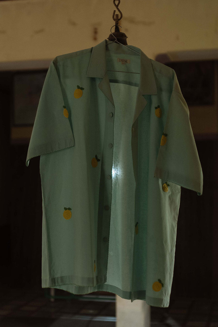 Green Cotton Embroidered Lemon Blossom Shirt
